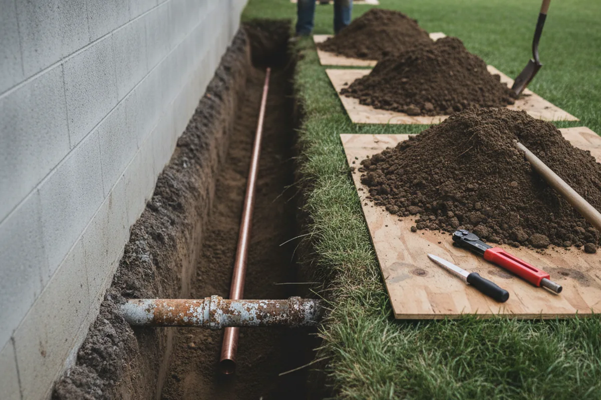Excavated water line trench during Water Softener Installation in Middletown